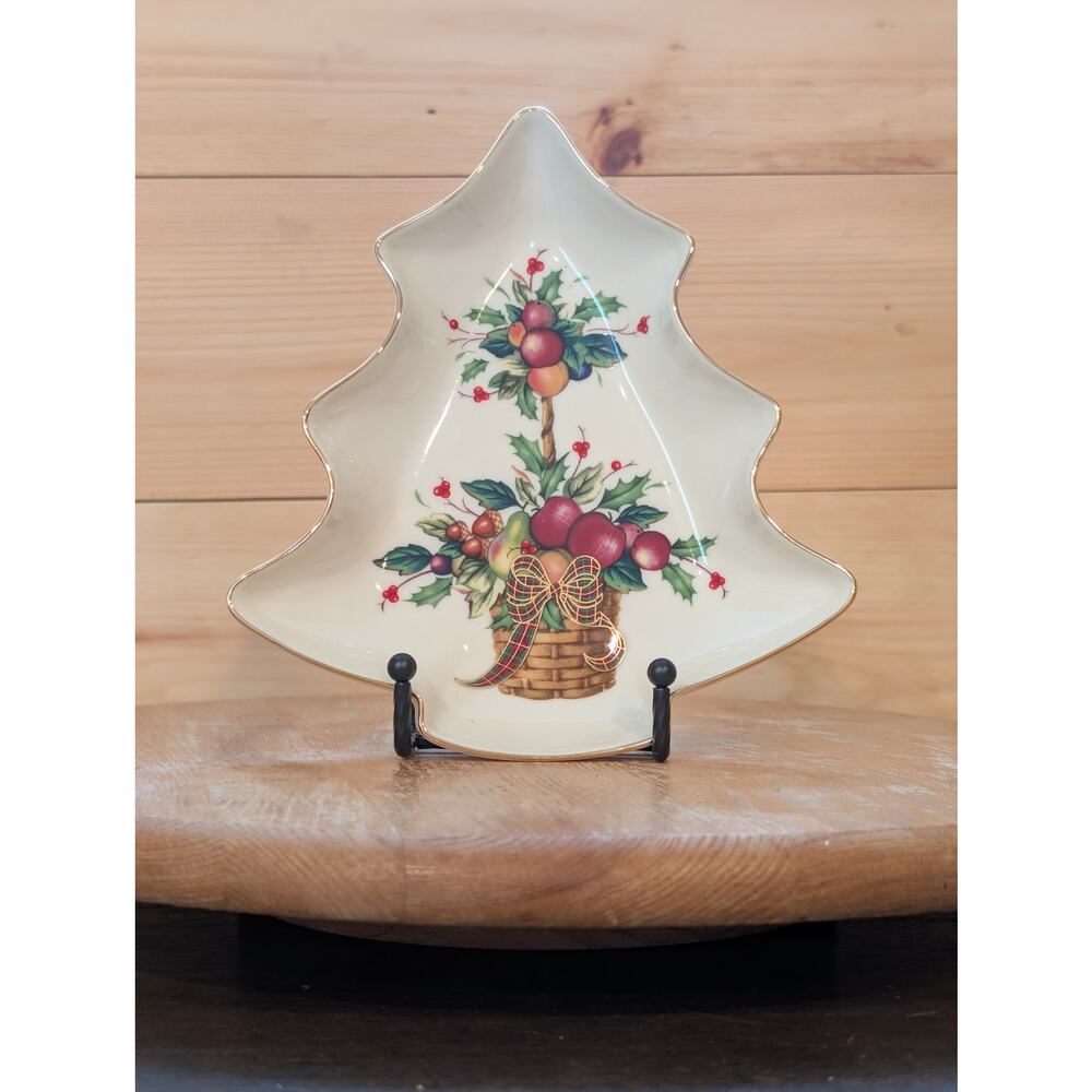 Vintage Lenox Holiday Tartan Tree Shaped Dish – Fruit Topiary Design – Gold Trim